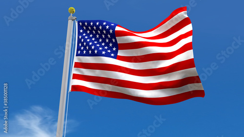 USA Flag Country 3D Rendering Waving, fluttering against the background of the blue sky with silver pole