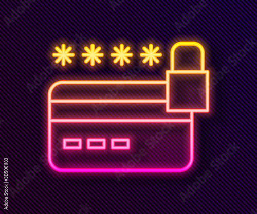 Glowing neon line Credit card with lock icon isolated on black background. Locked bank card. Security, safety, protection. Concept of a safe payment. Vector.