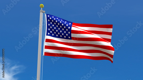 USA Flag Country 3D Rendering Waving, fluttering against the background of the blue sky with silver pole