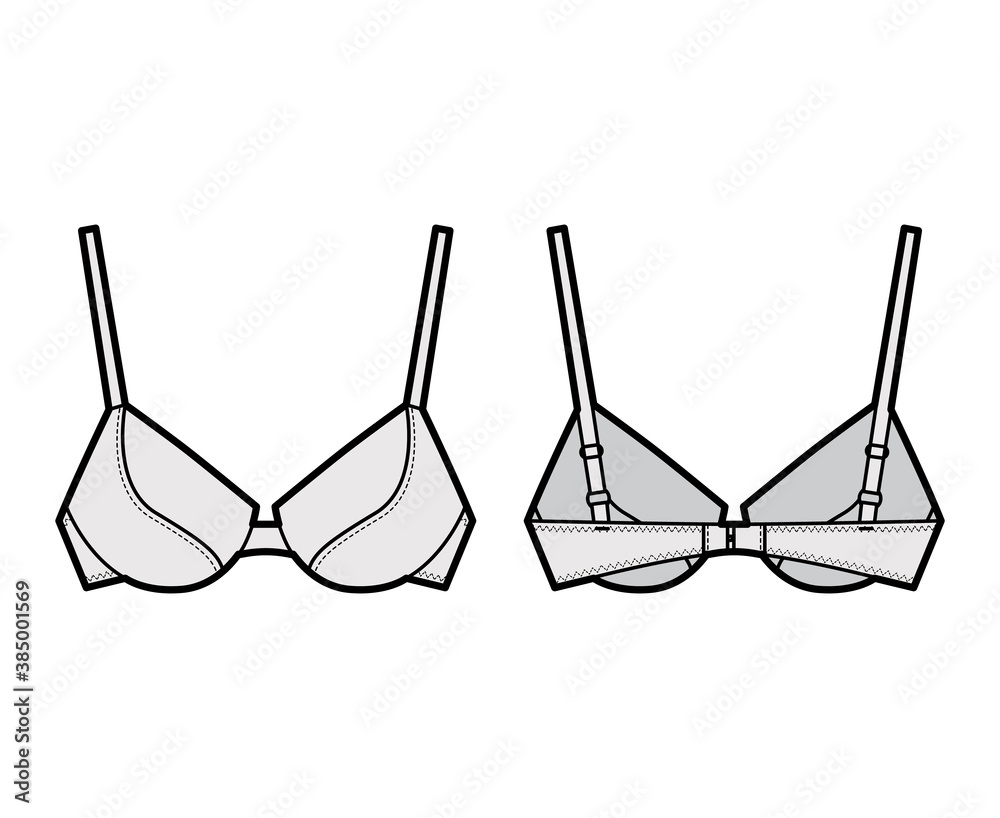 Push-up padded bra lingerie technical fashion illustration with full adjustable straps, molded cups, hook-and-eye closure. Flat template front, back grey color style. Women men underwear CAD mockup Push-up padded bra lingerie technical fashion illustration with full adjustable straps, molded cups, hook-and-eye closure. Flat template front, back grey color style. Women men underwear CAD mockup