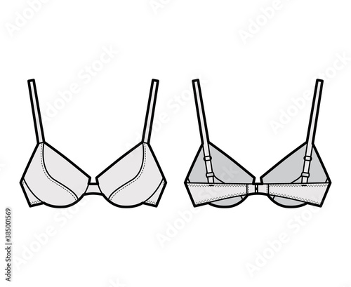 Push-up padded bra lingerie technical fashion illustration with full adjustable straps, molded cups, hook-and-eye closure. Flat template front, back grey color style. Women men underwear CAD mockup
