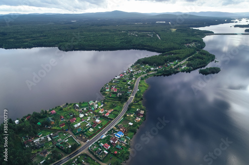 Aerial Townscape of Suburban Village Fedoseevka located in Kandalaksha Area in Northwestern Russia on the Kola Peninsula