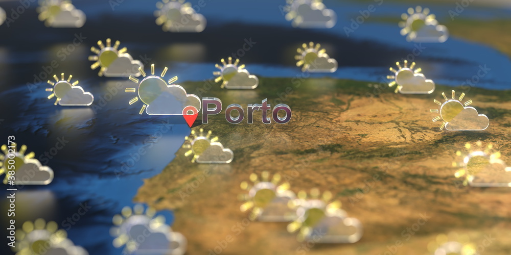 Partly cloudy weather icons near Porto city on the map, weather forecast related 3D rendering Partly cloudy weather icons near Porto city on the map, weather forecast related 3D rendering