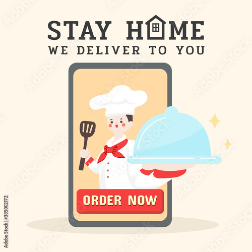 online restaurant banner.delivery service.served by man chef. flat design character.