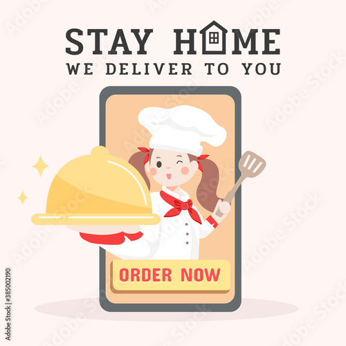 online restaurant banner.delivery service.served by woman chef. flat design character.