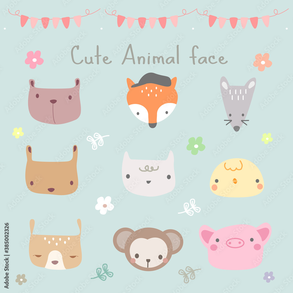 Cute animal face hand draw.flat design character.
