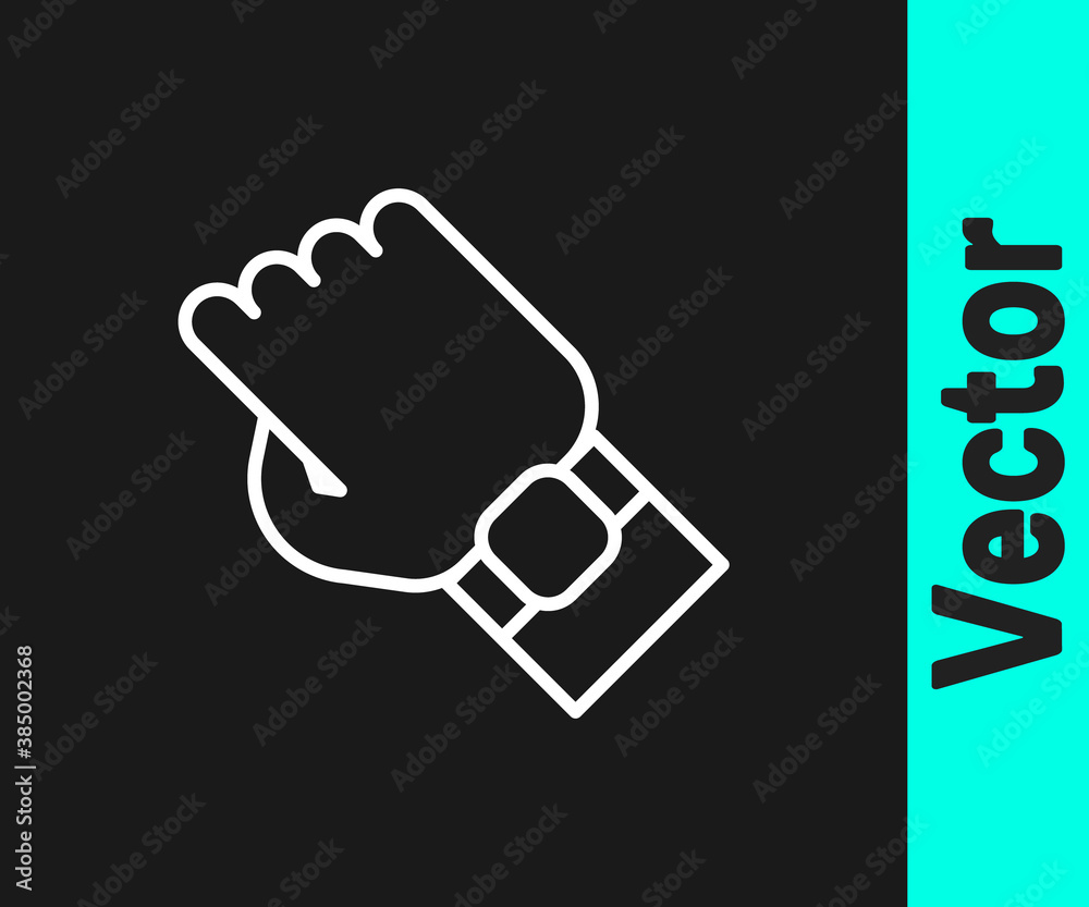 White line Smart watch on hand icon isolated on black background. Fitness App concept. Vector. White line Smart watch on hand icon isolated on black background. Fitness App concept. Vector.