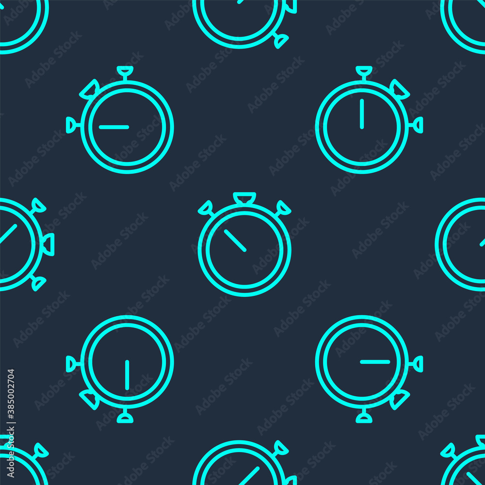 Green line Stopwatch icon isolated seamless pattern on blue background. Time timer sign. Chronometer sign. Vector. Green line Stopwatch icon isolated seamless pattern on blue background. Time timer sign. Chronometer sign. Vector.