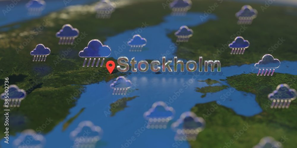 Rainy weather icons near Stockholm city on the map, weather forecast related 3D rendering Rainy weather icons near Stockholm city on the map, weather forecast related 3D rendering