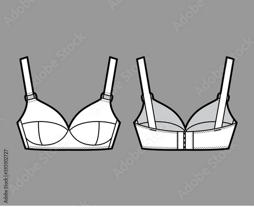 Maternity Bra lingerie technical fashion illustration with wide adjustable shoulder straps, molded cups, hook-and-eye closure. Flat brassiere template front back white color style. Women underwear CAD