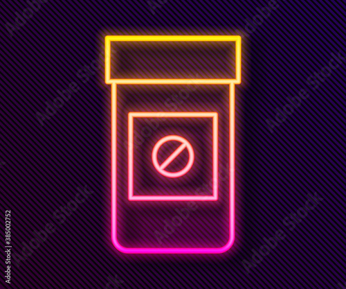 Glowing neon line Sports doping, anabolic drugs icon isolated on black background. Anabolic steroids tablet. Pills in jar. Vector.
