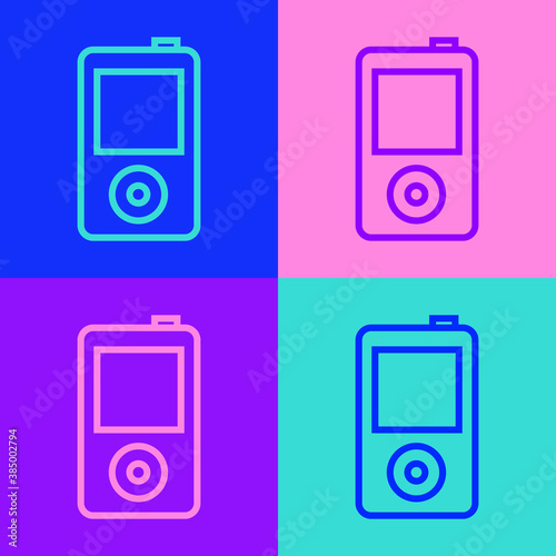 Pop art line Music player icon isolated on color background. Portable music device. Vector.