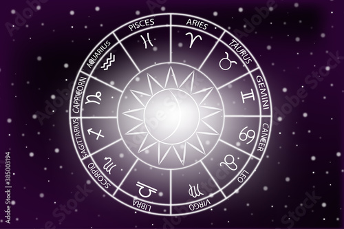 Zodiac Signs concept.Horoscope circle with sun,moon,star and zodiac signs on purple bacground.