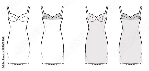 Bra slip lingerie dress technical fashion illustration with adjustable shoulder straps, scalloped edge, thigh length. Flat template front, back white color style. Women men unisex underwear CAD mockup