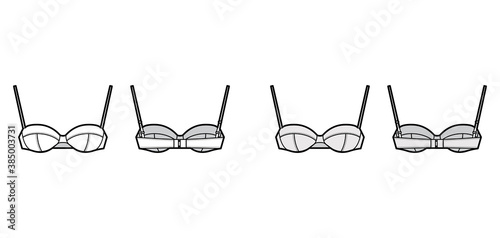 Balconette bra lingerie technical fashion illustration with adjustable straps, molded cups, hook-and-eye closure. Flat brassiere template front, back white color style. Women men underwear CAD mockup