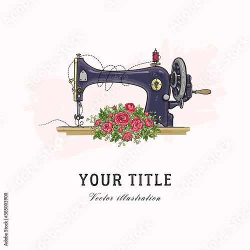 Vector hand drawn illustration of sewing machine and flowers