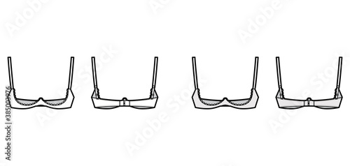 Bra shelf open cup lingerie technical fashion illustration with adjustable shoulder straps, hook-and-eye closure. Flat template front, back white, grey color style. Women unisex underwear CAD mockup