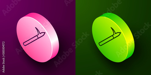 Isometric line Metal pike pole with wooden handle icon isolated on purple and green background. Spear, pickaxe, hook hand extinguishing instrument and tool for fireman. Circle button. Vector.