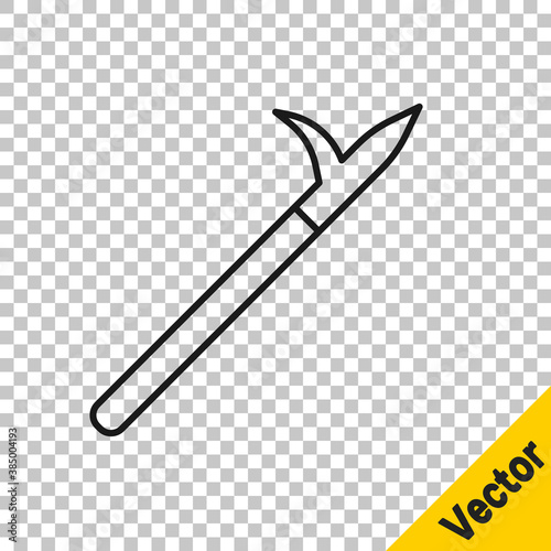 Black line Metal pike pole with wooden handle icon isolated on transparent background. Spear, pickaxe, hook hand extinguishing instrument and tool for fireman. Vector.