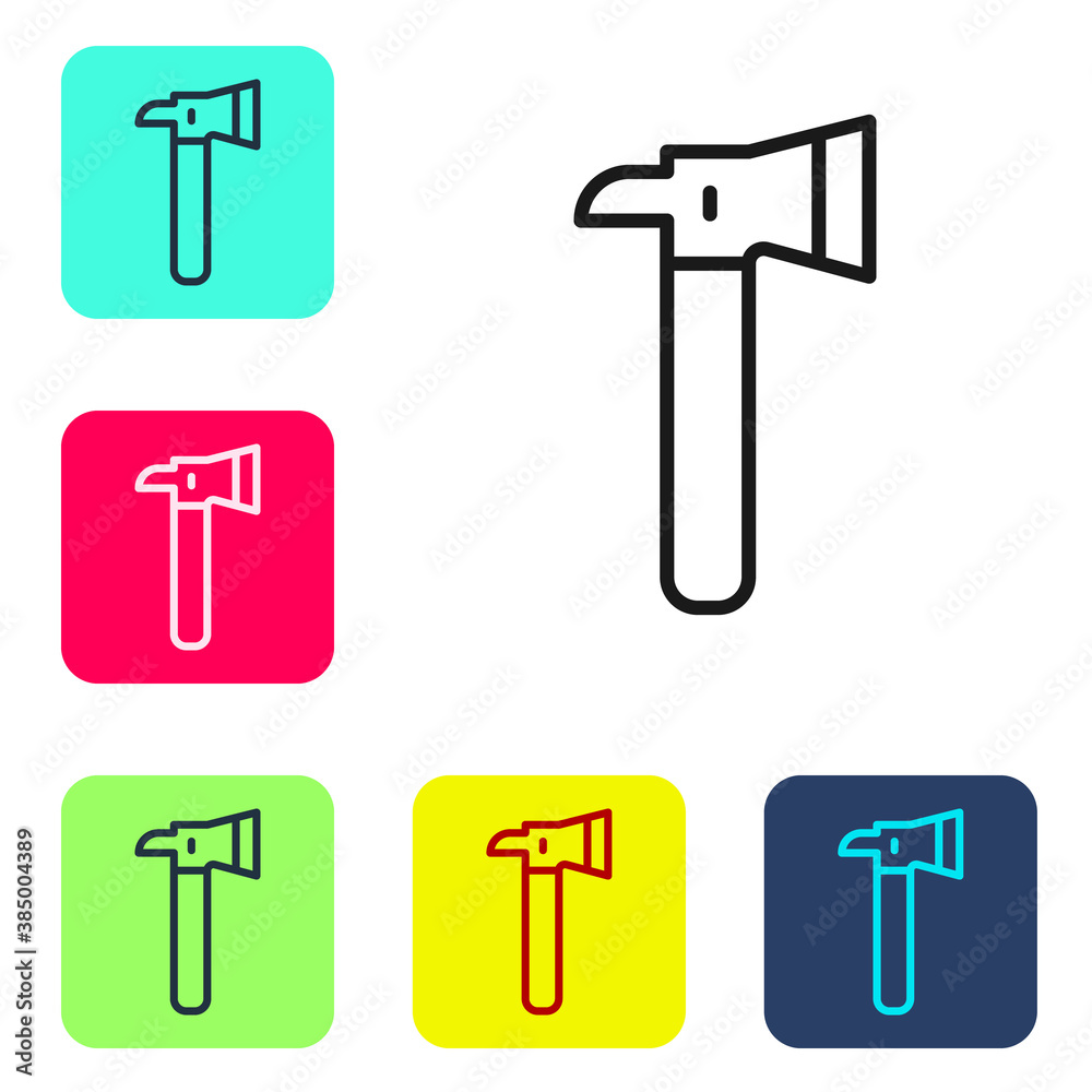 Black line Firefighter axe icon isolated on white background. Fire axe. Set icons in color square buttons. Vector. Black line Firefighter axe icon isolated on white background. Fire axe. Set icons in color square buttons. Vector.