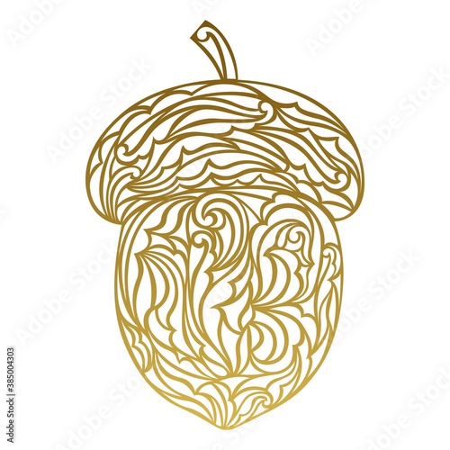 Acorn vector icon in doodle style. Autumn ornate illustration. Decorative element for postcards, posters, T-shirt printing and paper cutting. Isolated on white background. For laser cutting.