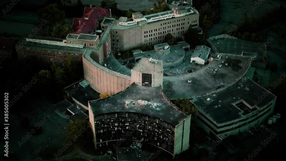 aerial Abandoned Hospital at night aerial Abandoned Hospital at night