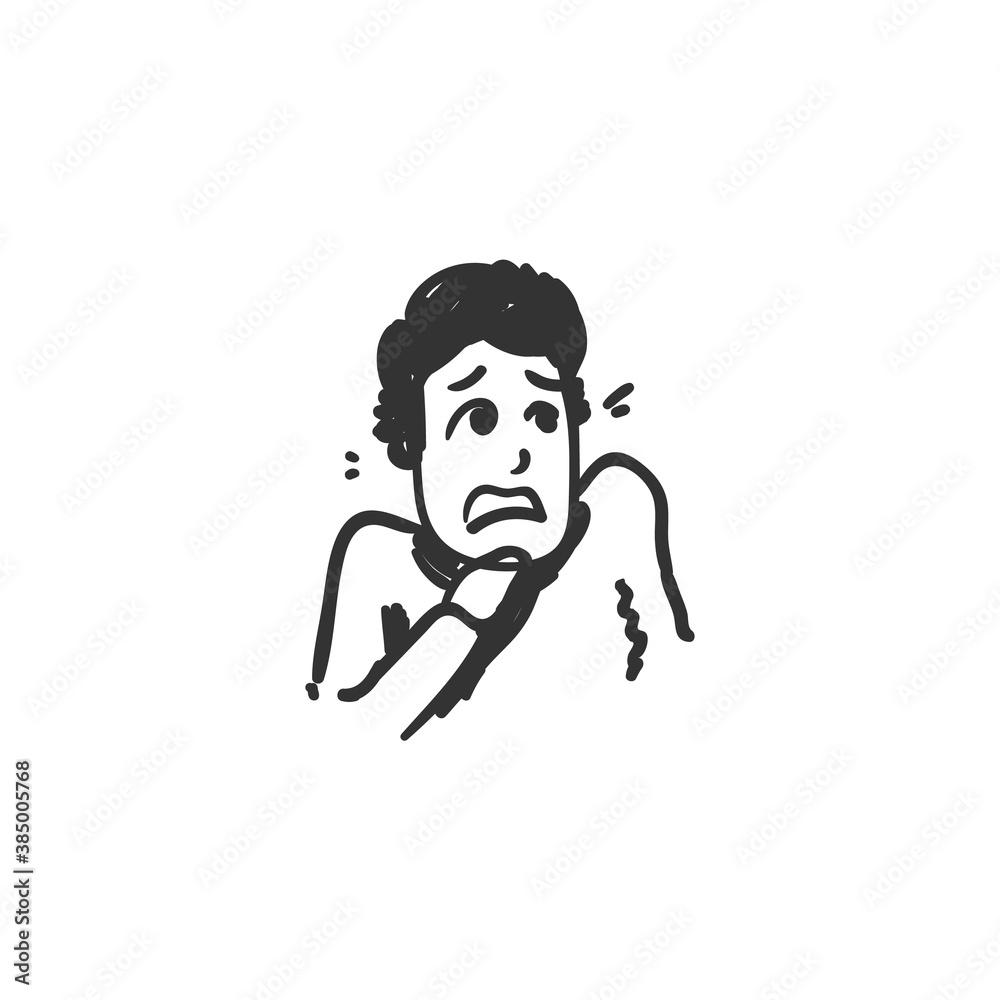 Fear feeling icon. Scared man. Outline sketch drawing. Human emotions and feelings concept. Anxiety, fright or panic expression. Isolated vector illustration 