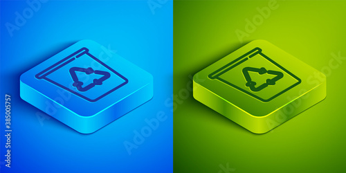 Isometric line Recycle bin with recycle symbol icon isolated on blue and green background. Trash can icon. Garbage bin sign. Recycle basket sign. Square button. Vector.