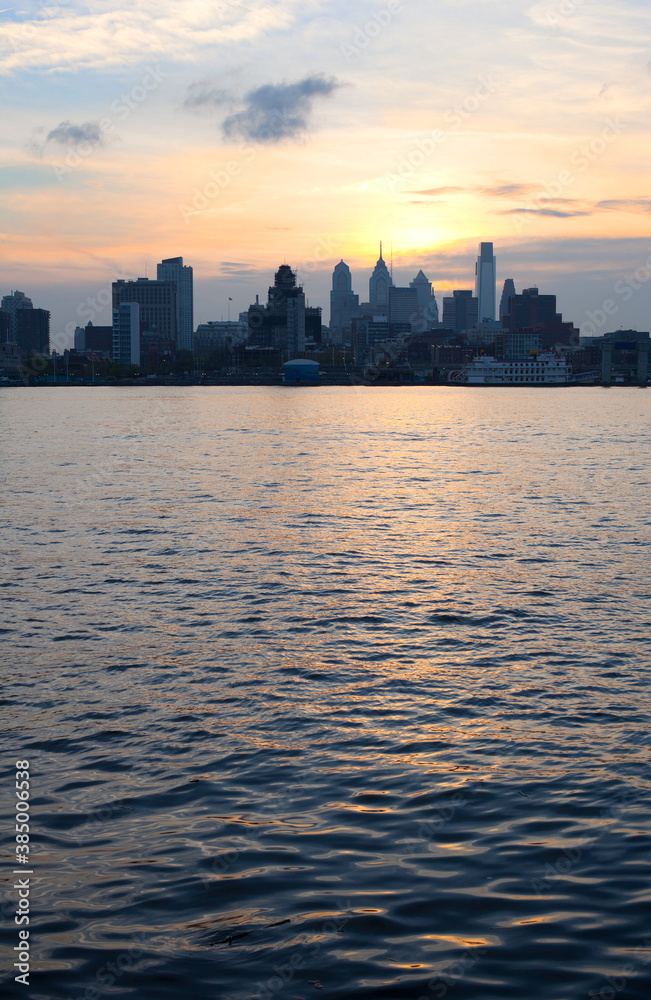 Cityscape of downtown Philadelphia at sunset
