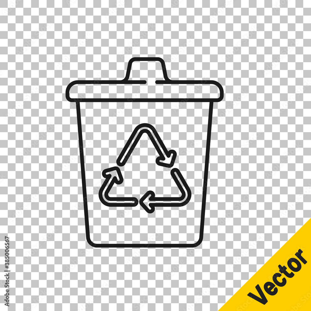 Black line Recycle bin with recycle symbol icon isolated on transparent background. Trash can icon. Garbage bin sign. Recycle basket sign. Vector.