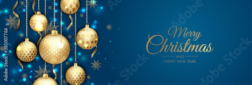 Merry Christmas web banner, gold and red xmas ball. Background for invitation or seasons greeting.