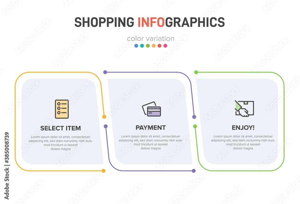 Concept of shopping process with 3 successive steps. Three colorful graphic elements. Timeline design for brochure, presentation, web site. Infographic design layout.