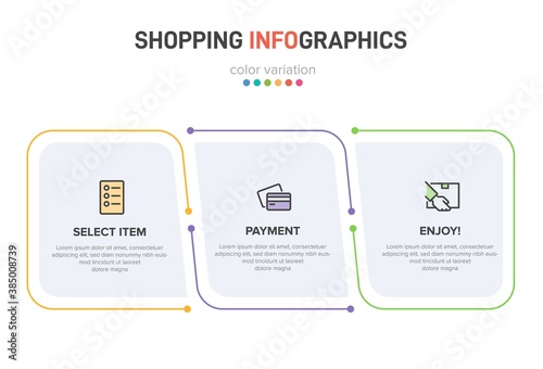 Concept of shopping process with 3 successive steps. Three colorful graphic elements. Timeline design for brochure, presentation, web site. Infographic design layout.