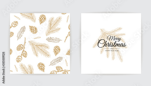 New Year greeting card design with christmas tree. Hand drawn design vector illustration.