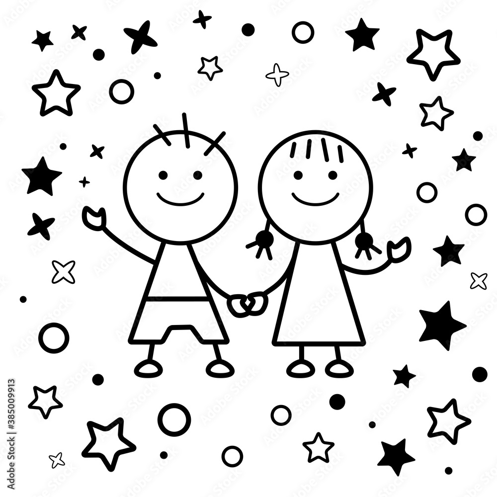 Vettoriale Stock 仲良し女の子男の子保育園幼稚園のベクターイラスト背景画像 Adobe Stock