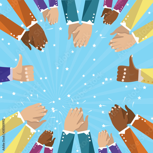 Human hands clapping isolated on blue background. Party celebration concept. Good job and applause vector. Useful for kudos, honor and treat . Hand claps vector