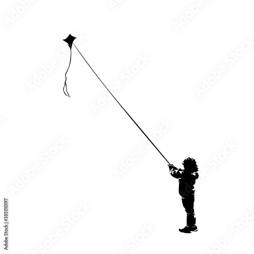 Child fly with kite, isolated vector silhouette