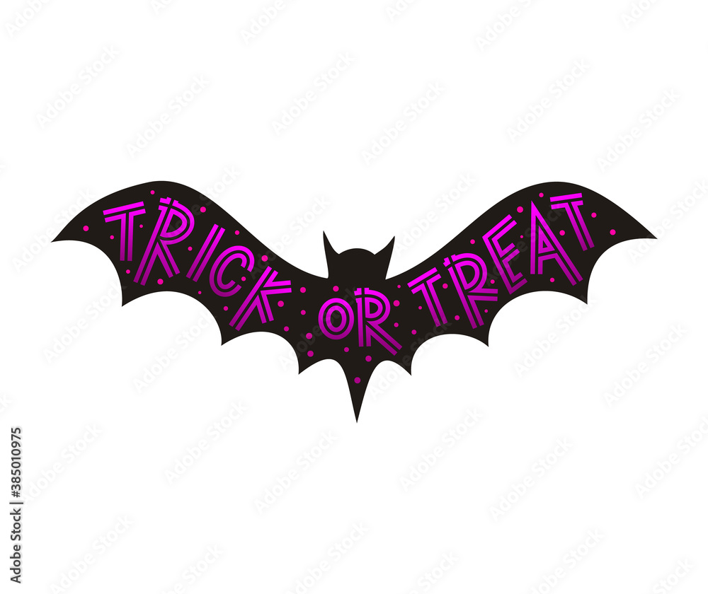 Naklejka premium Trick or Treat violet logo on a black bat background. Halloween emblem isolated on white background. Vector illustration for banner, postcard, sticker