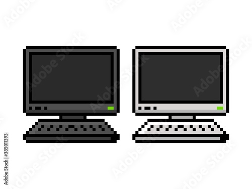 Pixel art Personal computers, monitor and keyboard black and white set 8-bit - editable isolated vector illustration