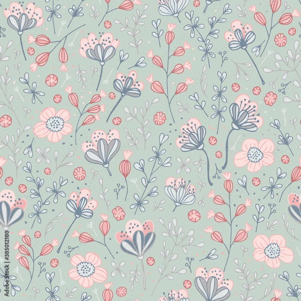 Vector pastel flowers seamless pattern print background.