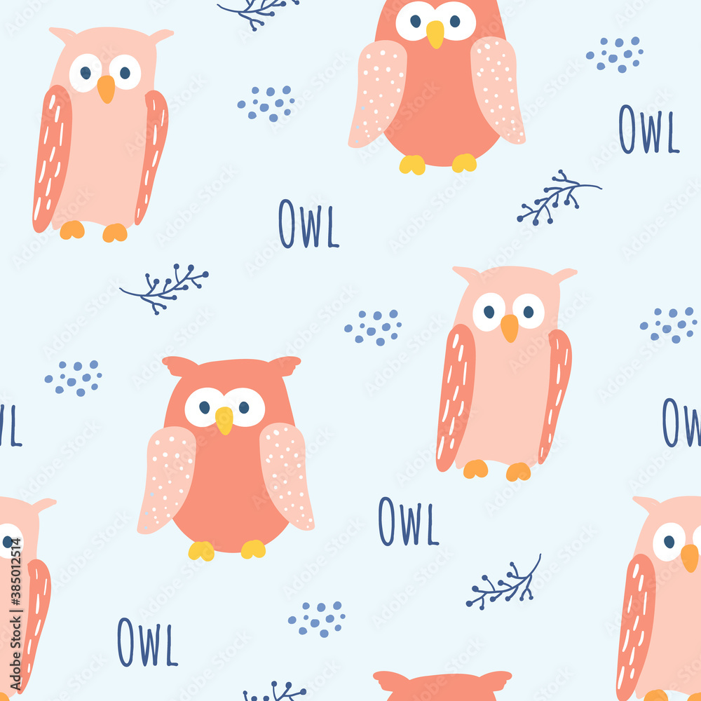 Seamless pattern with colorful owls on light blue backgound