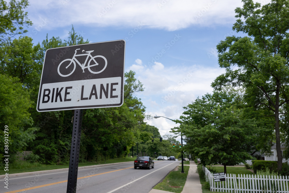 Bike lane street sign with city road in backdrop