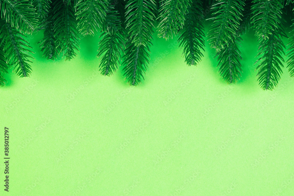 Top view of colorful festive background made of fir tree branch. Christmas holiday concept with copy space
