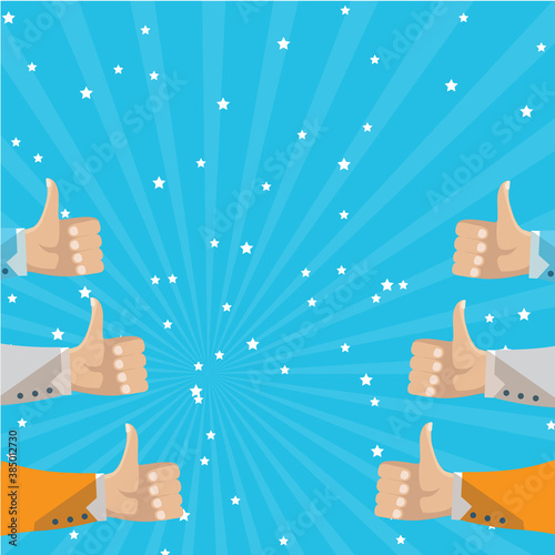 Human hands thumbs up isolated on blue background. Party celebration concept. Thumbs up vector