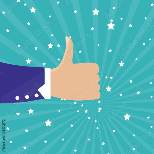 Human hand thumbs up isolated on blue background. Party celebration concept. Thumbs up and hand vector