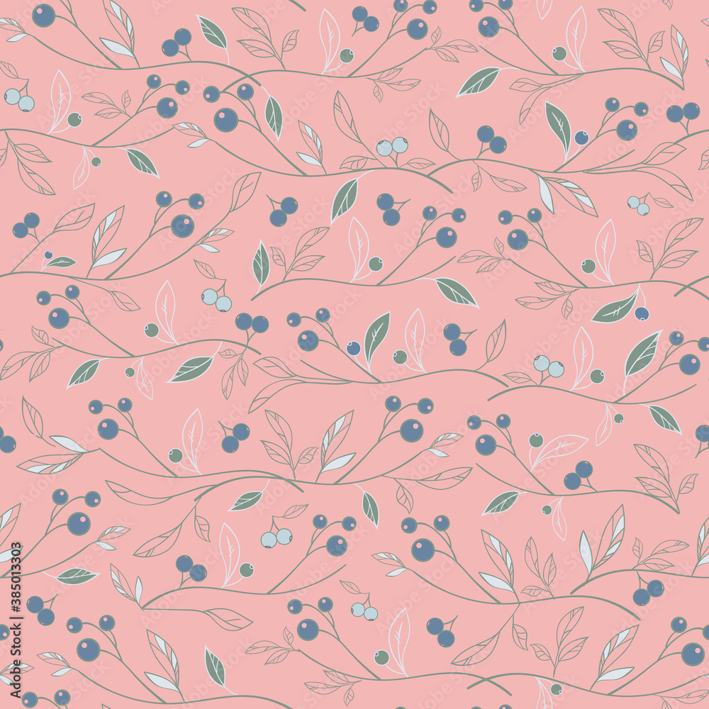 Fototapeta premium Vector pink leafs and berries seamless background ornament texture.