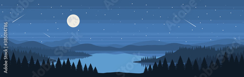 Vector and illustration of coniferous forest panoramic view and river on night time with full moon, star and meteor in flat cartoon design.