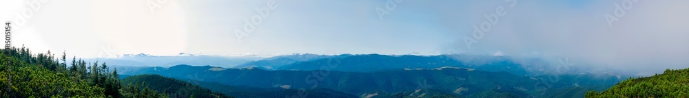 Obraz premium beautiful panorama with alpine pine and mountains under blue sky