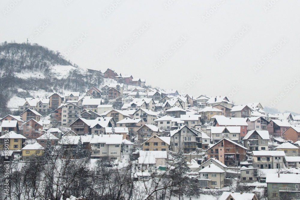 First winter snow in the city of Uzice, Serbia