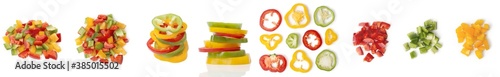 Fotografie Сhopped bell pepper rings and diced, sliced multicolor bulgarian pepper, isolated on white background